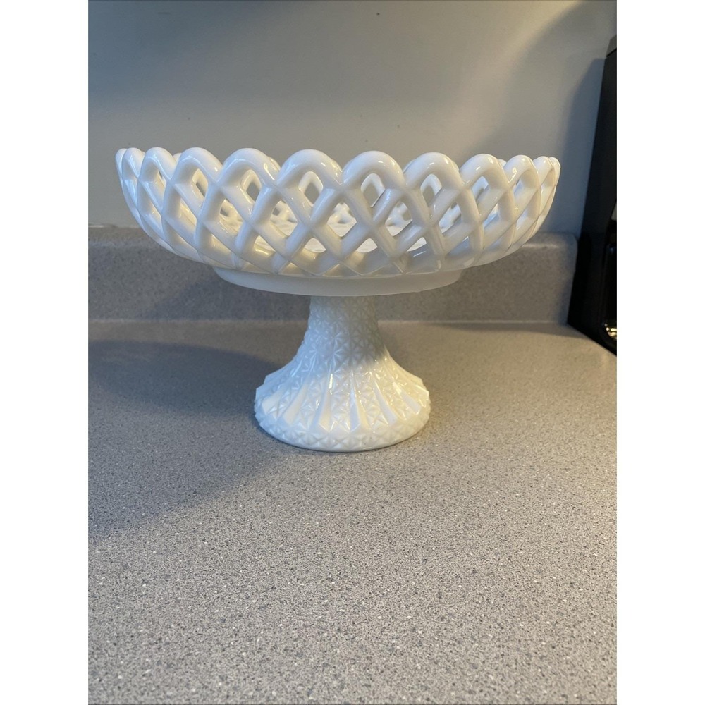 Vintage White Milk Glass Open Lattice Decorative Intricate Bowl Pedestal Compote
